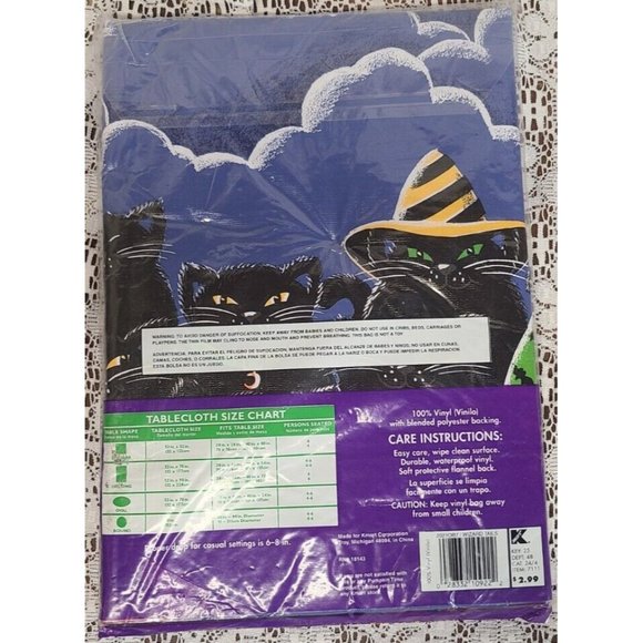 Vintage Pumpkin Time Vinyl Tablecover Halloween Cats Witch Hat Spooky 52 x 70 in - Picture 4 of 6